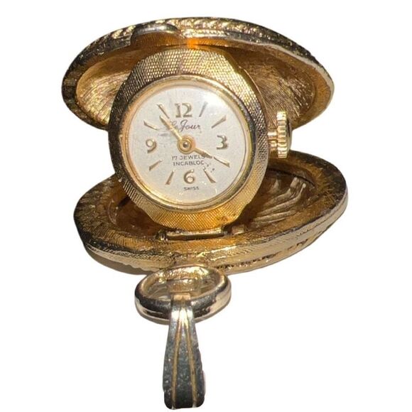 Vintage Working LeJour Pop Up Gold Floral Scene Pocket Watch 17 Jewels Incabloc - Picture 4 of 9